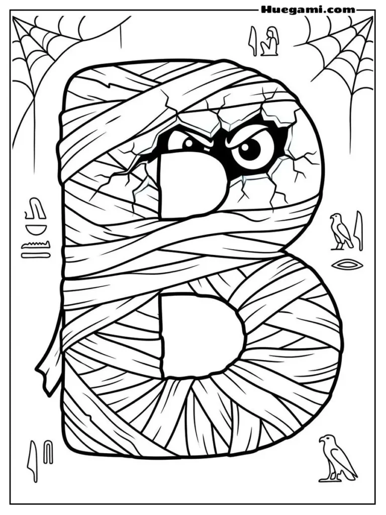 Free Printable Halloween Alphabet Coloring Sheets for Kids 3 Letter B Mummy Illustration