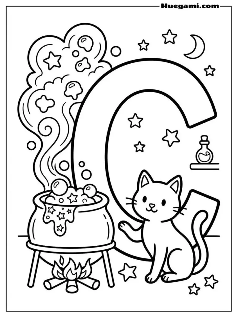 Free Printable Halloween Alphabet Coloring Sheets for Kids 4 Letter C Cat And Cauldron Illustration