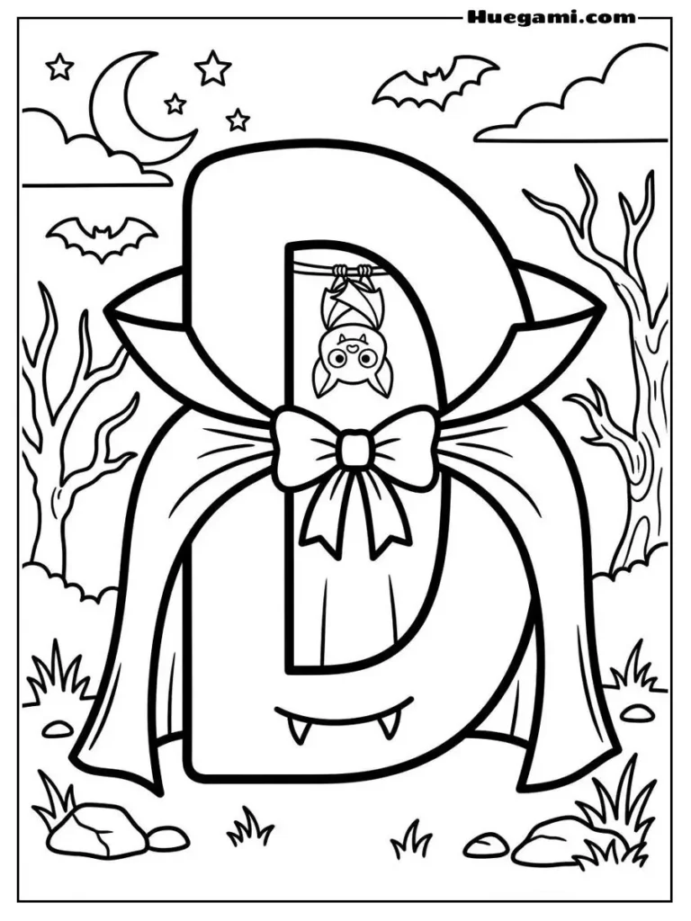 Free Printable Halloween Alphabet Coloring Sheets for Kids 5 Letter D Vampire Illustration