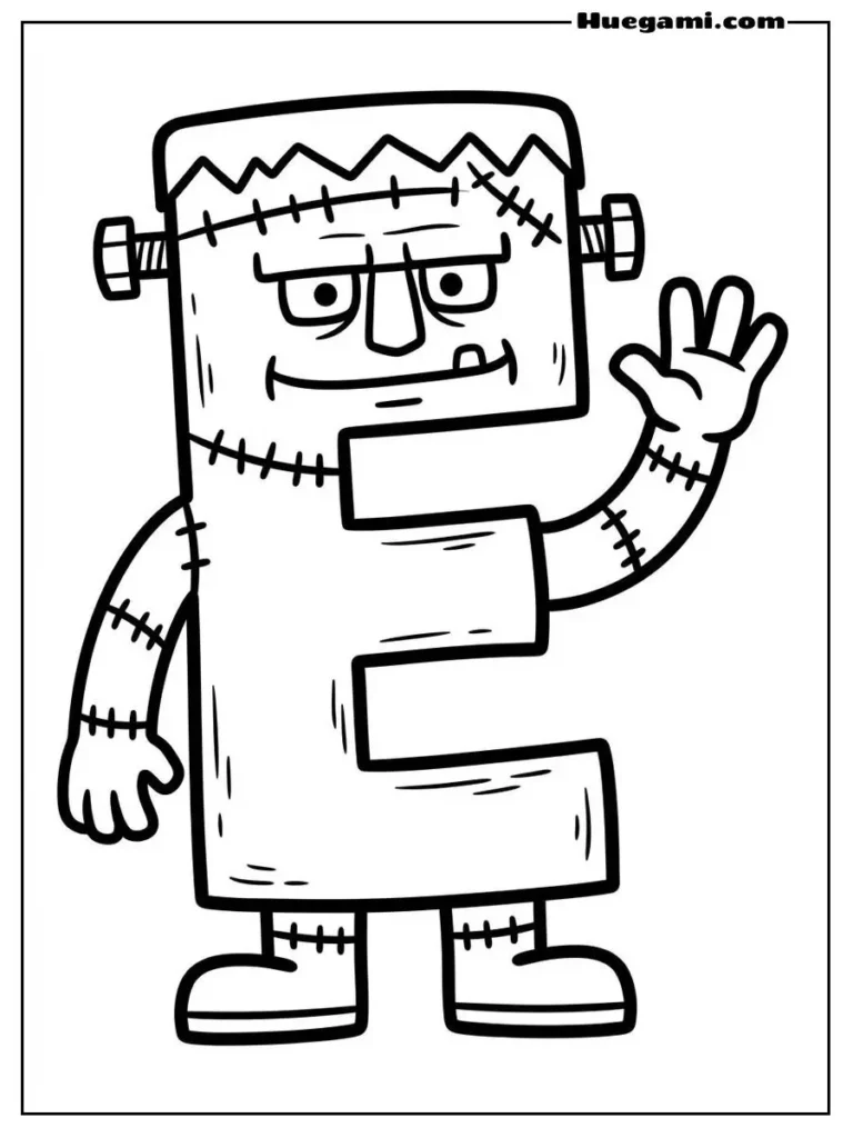 Free Printable Halloween Alphabet Coloring Sheets for Kids 6 Letter E Frankenstein Illustration