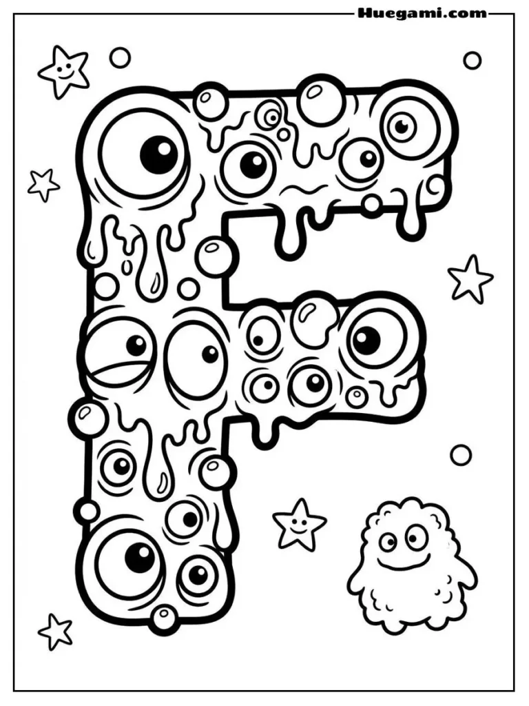 Free Printable Halloween Alphabet Coloring Sheets for Kids 7 Letter F Monster Eyes Illustration