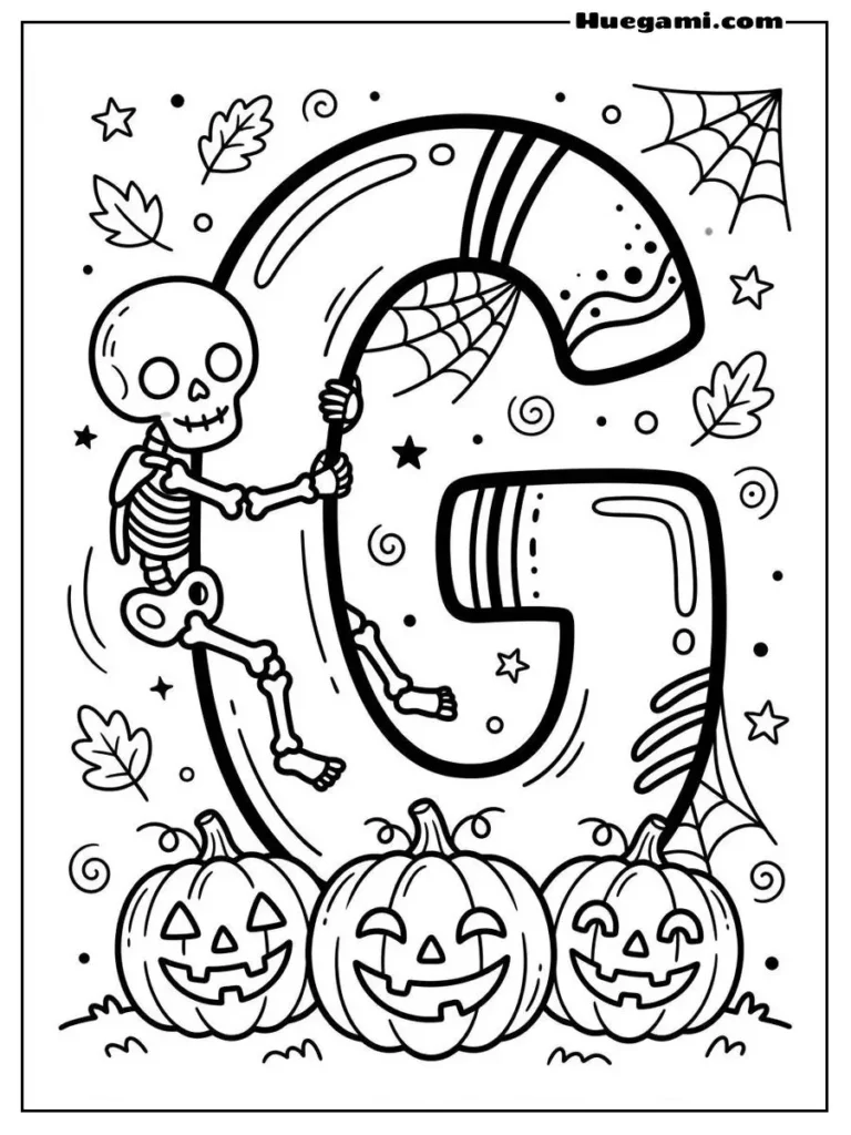 Free Printable Halloween Alphabet Coloring Sheets for Kids 8 Letter G Skeleton Illustration