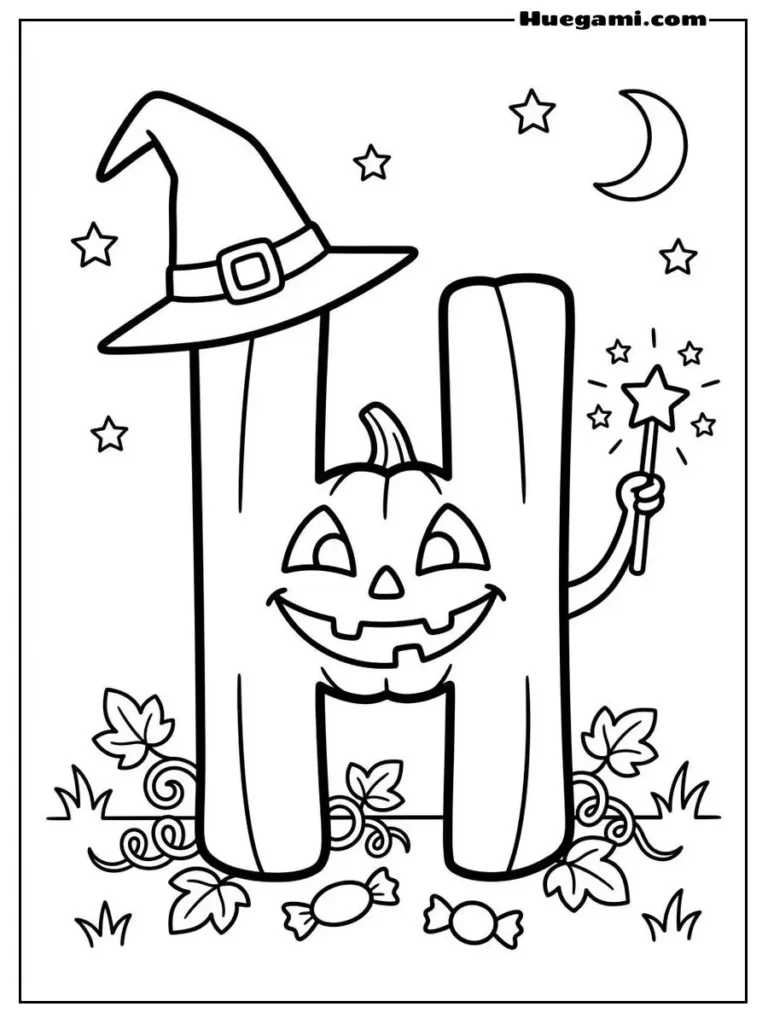 Free Printable Halloween Alphabet Coloring Sheets for Kids 9 Letter H Pumpkin Wizard Illustration