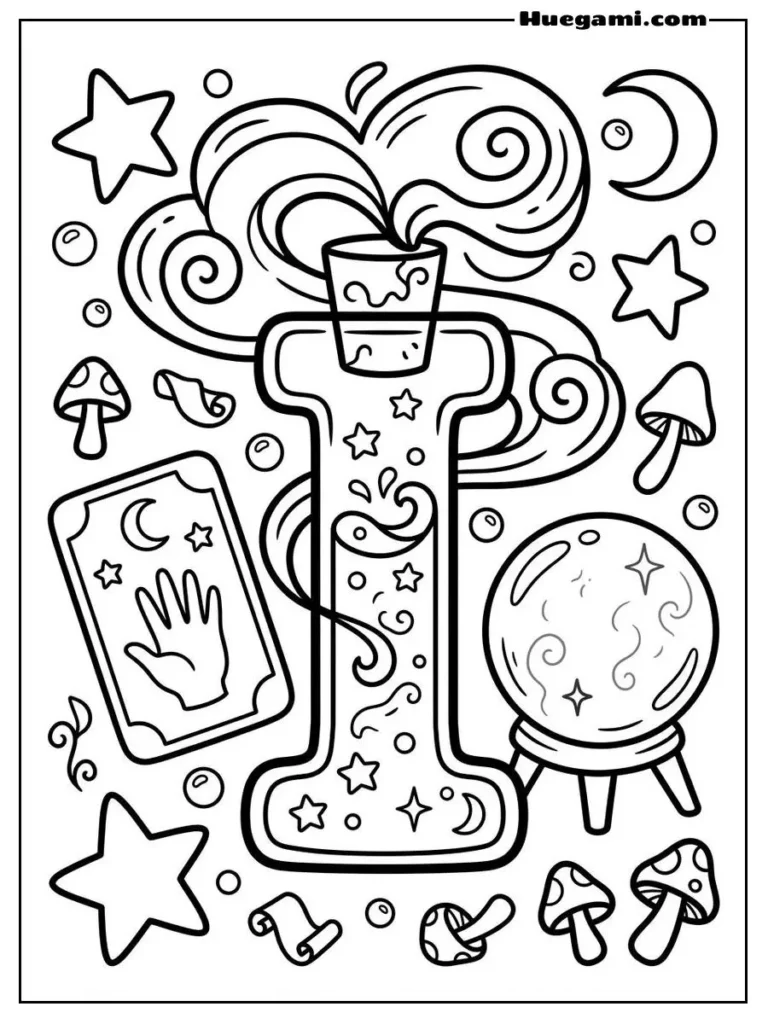 Free Printable Halloween Alphabet Coloring Sheets for Kids 10 Letter I Magic Potion Illustration