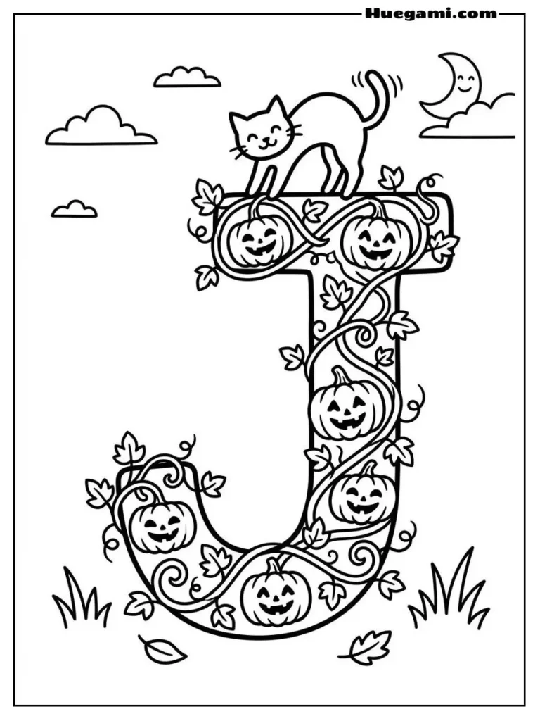 Free Printable Halloween Alphabet Coloring Sheets for Kids 11 Letter J Jack O Lantern Illustration