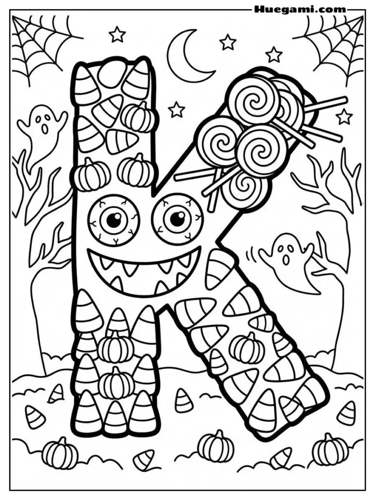 Free Printable Halloween Alphabet Coloring Sheets for Kids 12 Letter K Candy Monster Illustration