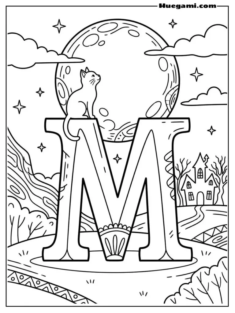 Free Printable Halloween Alphabet Coloring Sheets for Kids 14 Letter M Moonlight Illustration