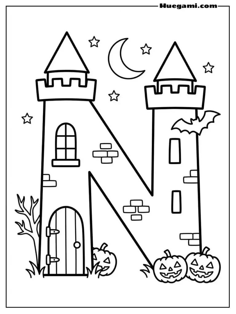 Free Printable Halloween Alphabet Coloring Sheets for Kids 15 Letter N Night Castle Illustration