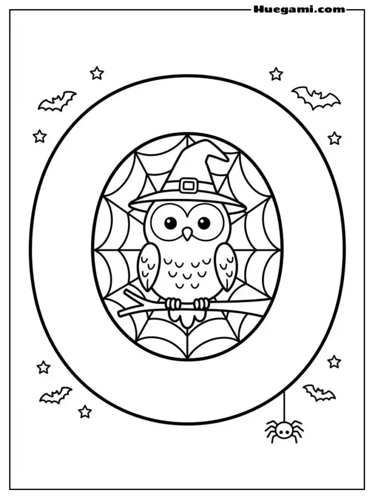 Free Printable Halloween Alphabet Coloring Sheets for Kids 16 Letter O Owl Illustration