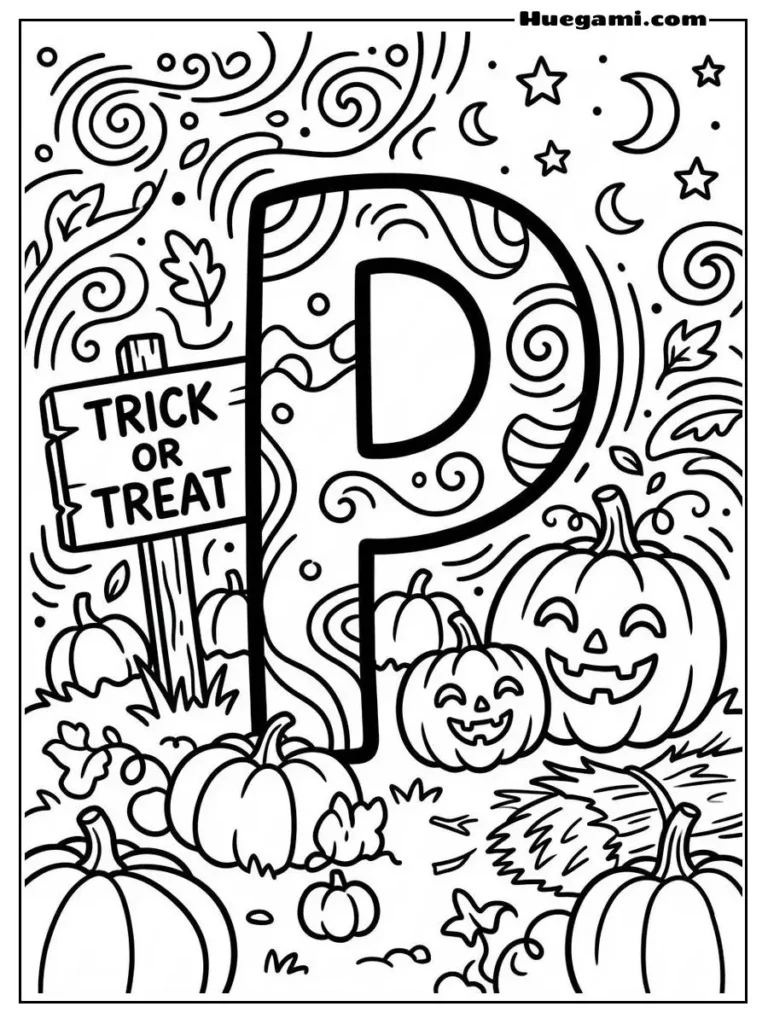 Free Printable Halloween Alphabet Coloring Sheets for Kids 17 Letter P Pumpkin Patch Illustration
