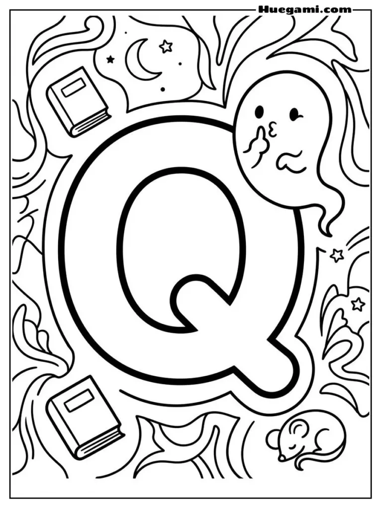 Free Printable Halloween Alphabet Coloring Sheets for Kids 18 Letter Q Quiet Ghost Illustration