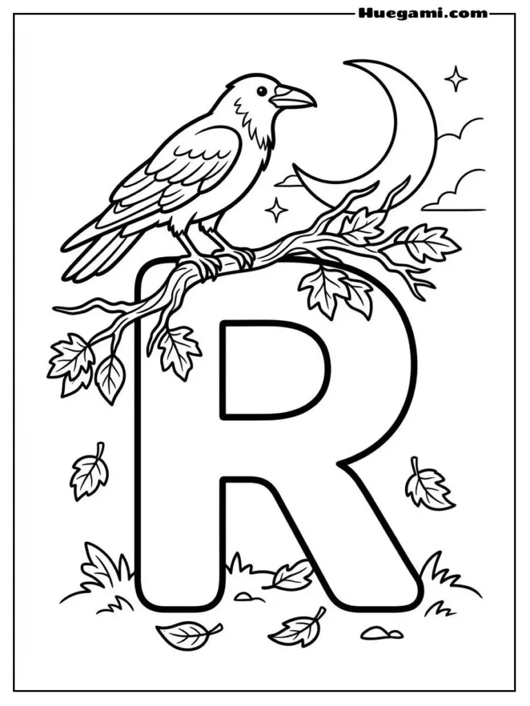 Free Printable Halloween Alphabet Coloring Sheets for Kids 19 Letter R Raven Illustration