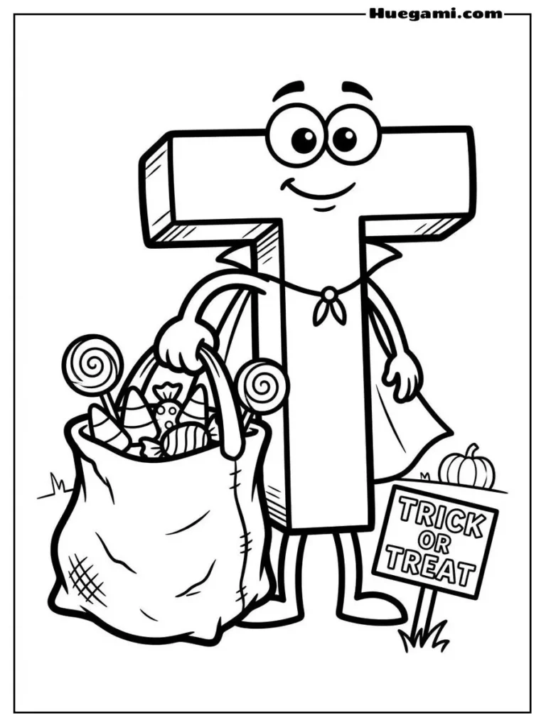 Free Printable Halloween Alphabet Coloring Sheets for Kids 21 Letter T Trick Or Treat Illustration