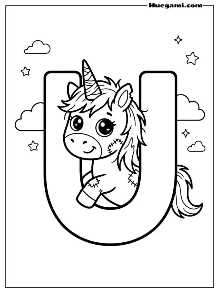 Free Printable Halloween Alphabet Coloring Sheets for Kids 22 Letter U Undead Unicorn Illustration
