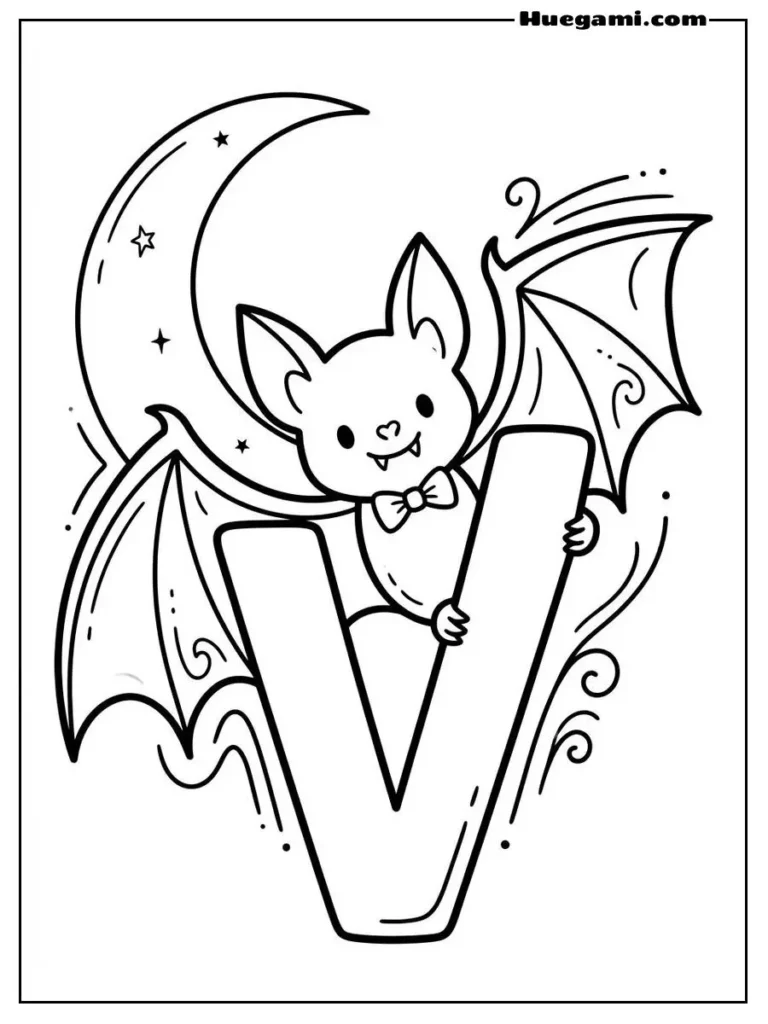 Free Printable Halloween Alphabet Coloring Sheets for Kids 23 Letter V Vampire Bat Illustration