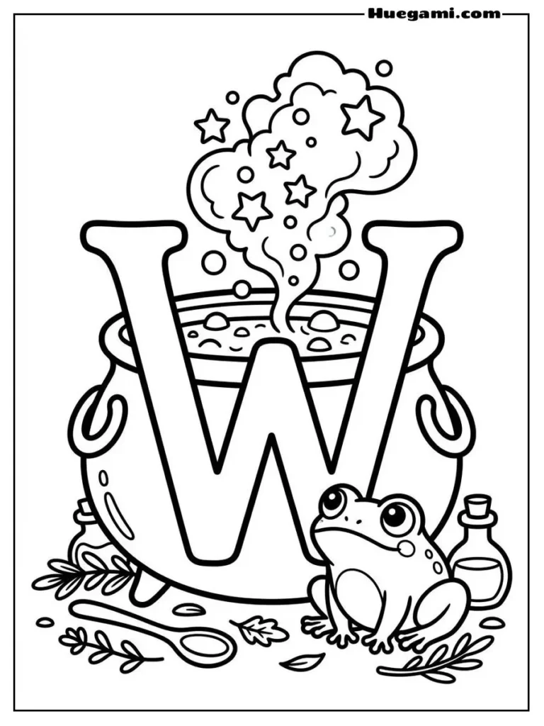 Free Printable Halloween Alphabet Coloring Sheets for Kids 24 Letter W Witch Brew Illustration