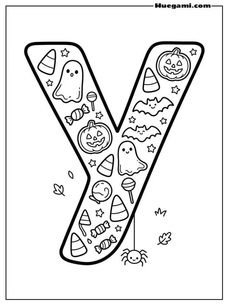 Free Printable Halloween Alphabet Coloring Sheets for Kids 26 Letter Y Yummy Candy Illustration