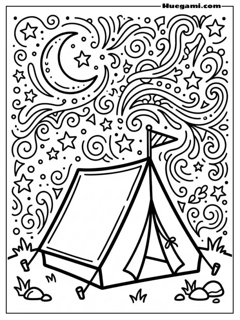 Fun Camping Coloring Sheets to Print for Free 21 Mountain View Campsite Illustration