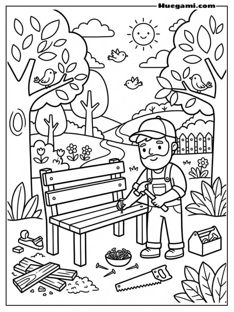 Woodworker Building Bench Outdoors Illustration