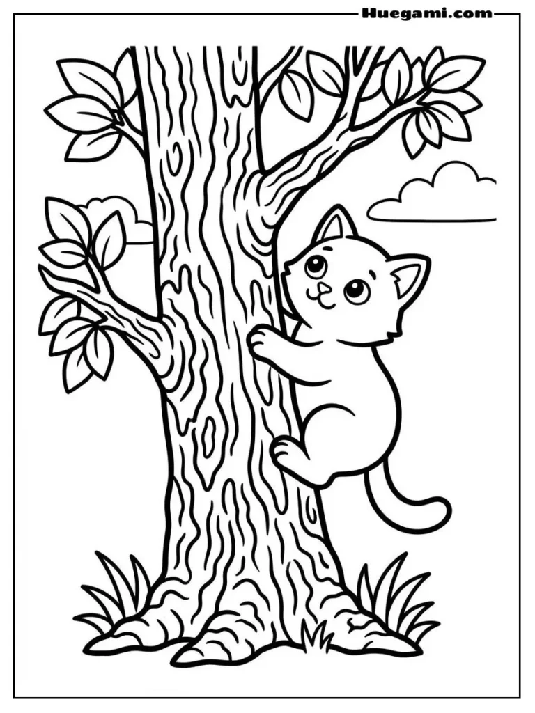 Adorable Cat Climbing A Tree Coloring Picture