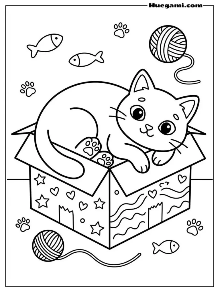 Adorable Cat Lying In A Box Coloring