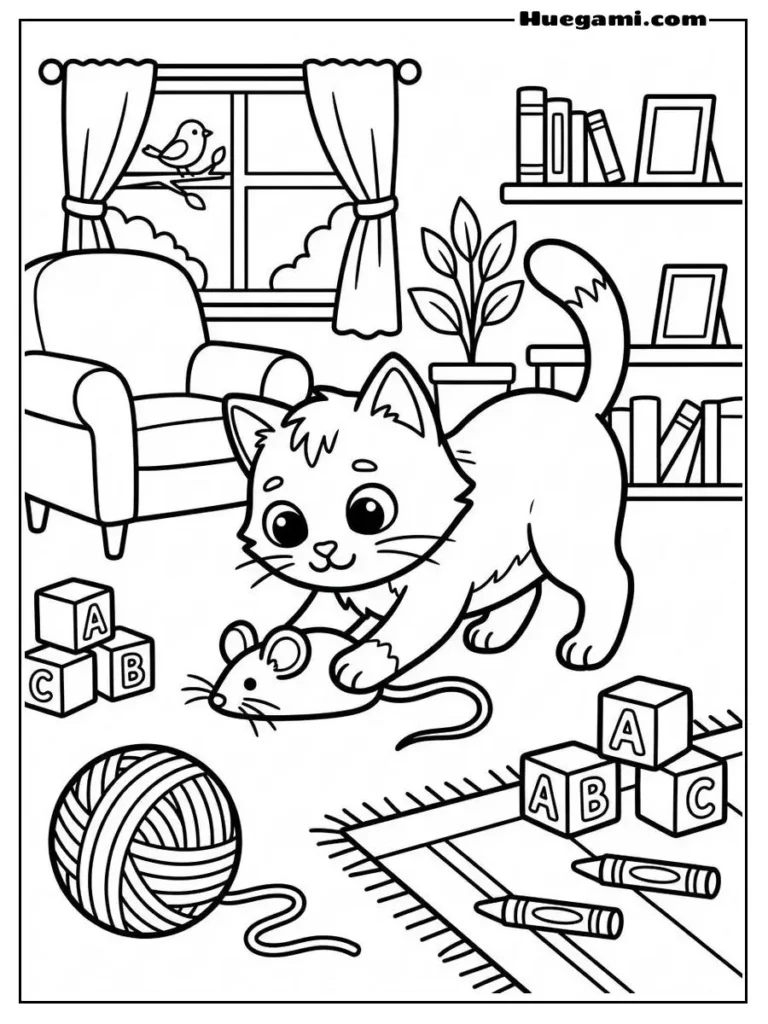 Adorable Cat Playing With Toy Mouse Coloring Book