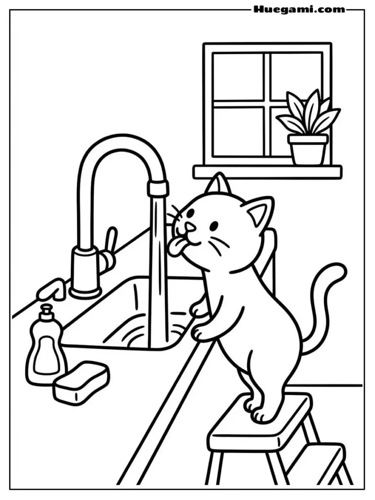 Cat Drinking Water Illustration