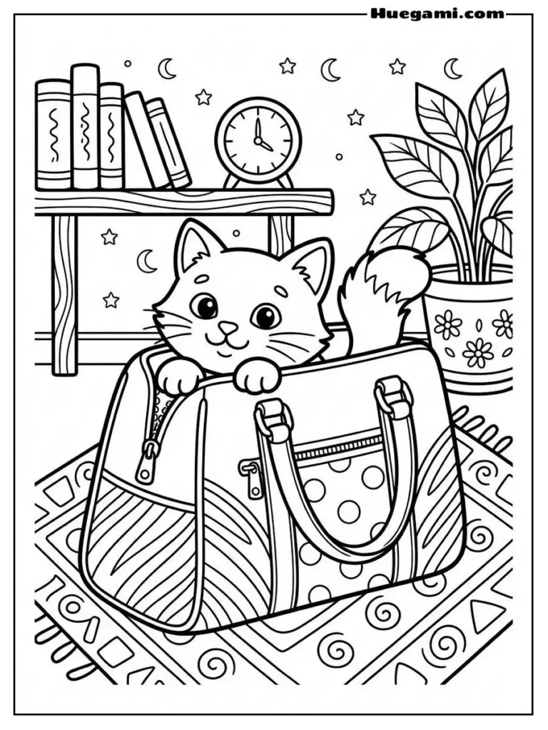 Cat Hiding In A Handbag Coloring Sheet Illustration