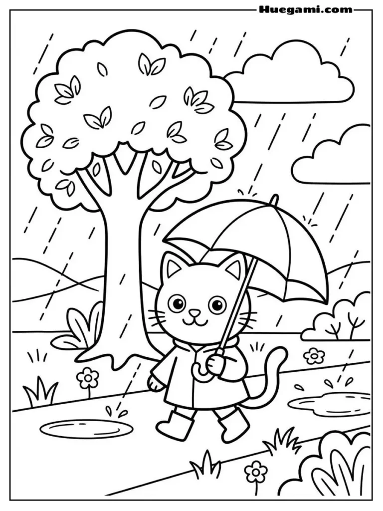 Cat Holding Umbrella In The Rain Illustration