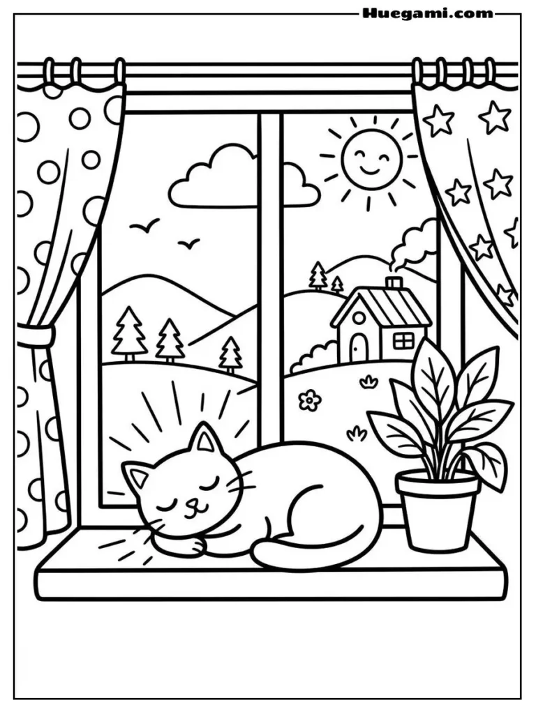 Cat Lying On The Window Illustration