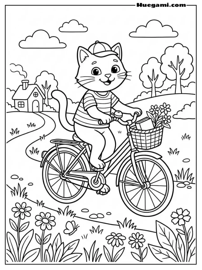 Cat Riding A Bicycle Coloring Sheet Illustration