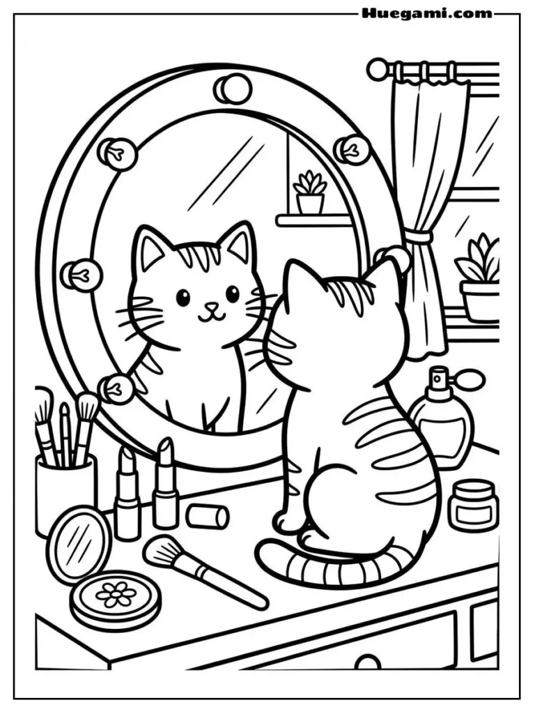 Cat Sitting In Front Of Mirror Illustration