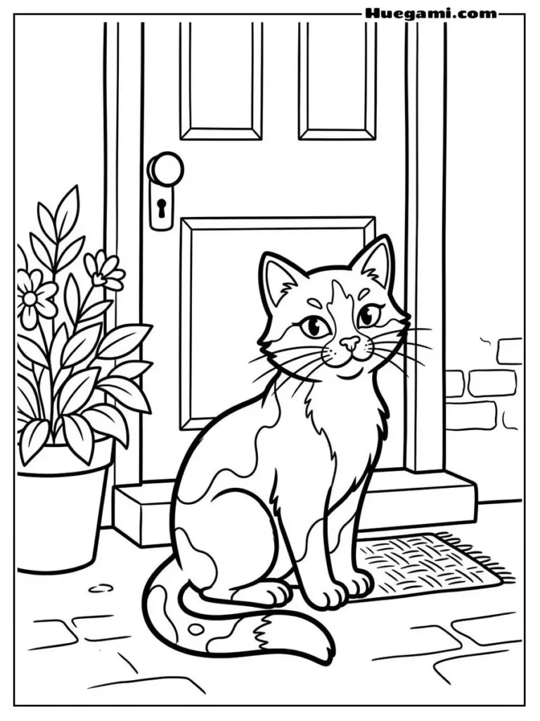Cat Sitting In Front Of The Door Coloring Book Illustration