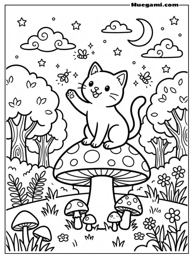 Cat Sitting On A Mushroom Catching Fireflies Illustration