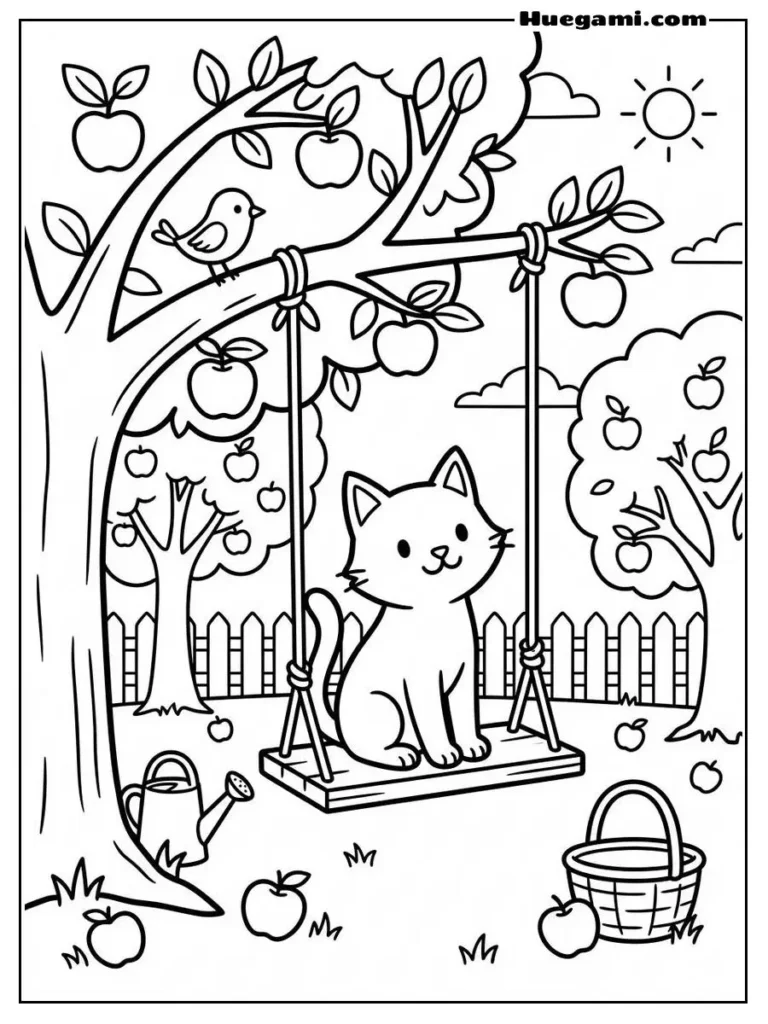 Cat Sitting On Swing In Apple Garden Illustration