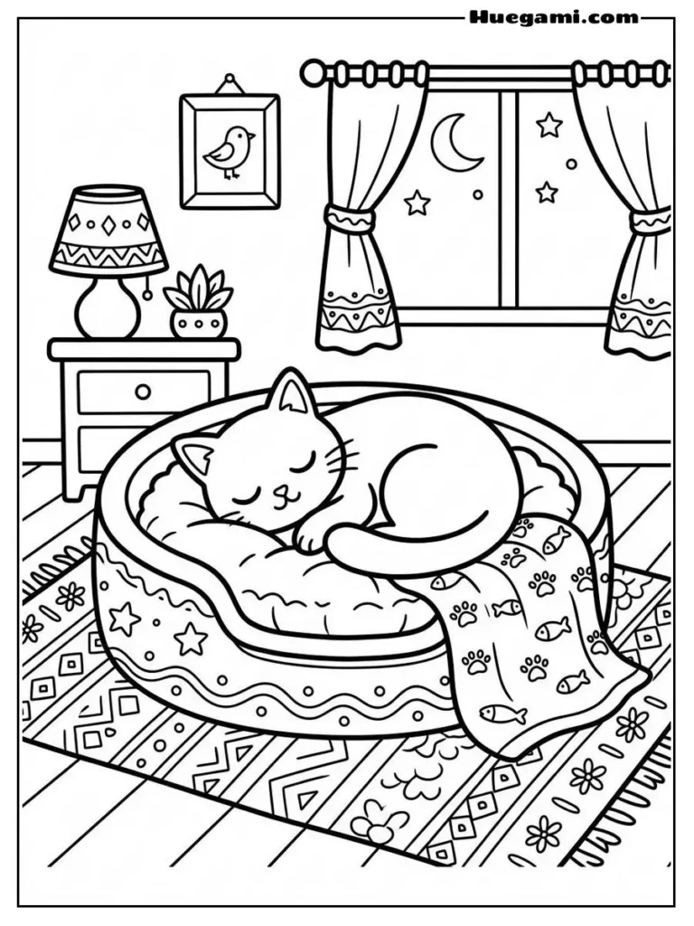 Cat Sleeping In A Cozy Bed Coloring Sheet Illustration