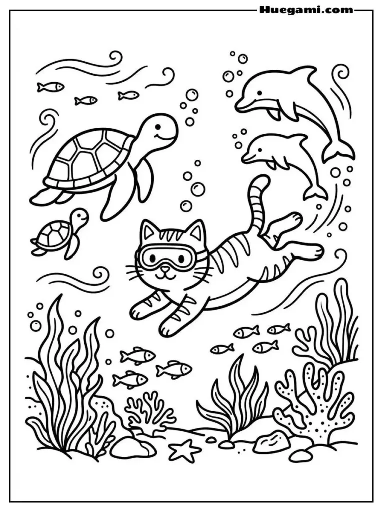 Cat Swimming Under The Ocean Illustration