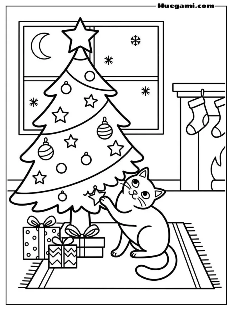 Cat With Christmas Tree Illustration