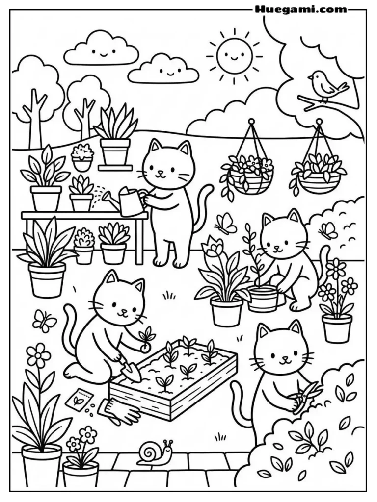 Cats Taking Care Of Plants Coloring Illustration