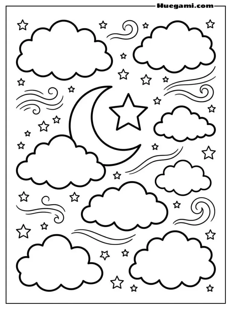 Free Printable Cloud Coloring Sheets for Kids 12 Cloud And Moon Illustration