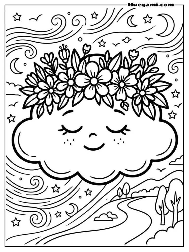 Free Printable Cloud Coloring Sheets for Kids 27 Cloud Flower Crown Illustration