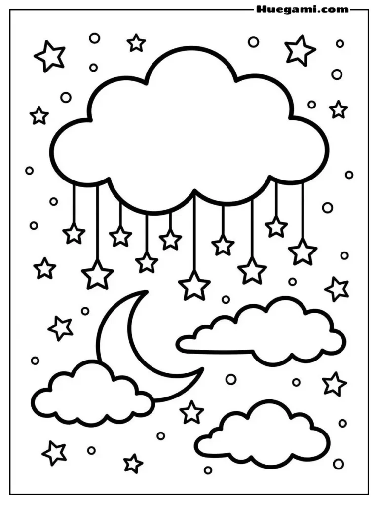 Free Printable Cloud Coloring Sheets for Kids 22 Cloud With Hanging Star Lights Illustration