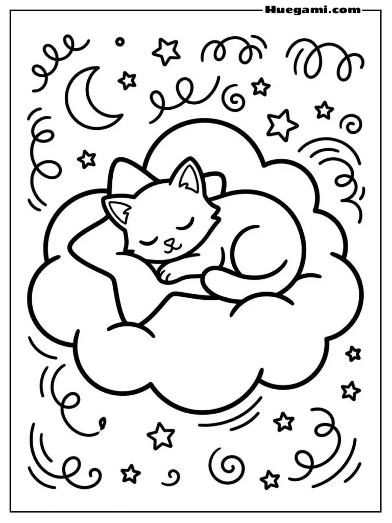 Free Printable Cloud Coloring Sheets for Kids 9 Cloud With Sleeping Cat Illustration