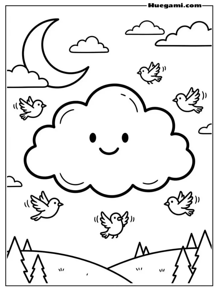 Free Printable Cloud Coloring Sheets for Kids 21 Cloud With Tiny Birds
