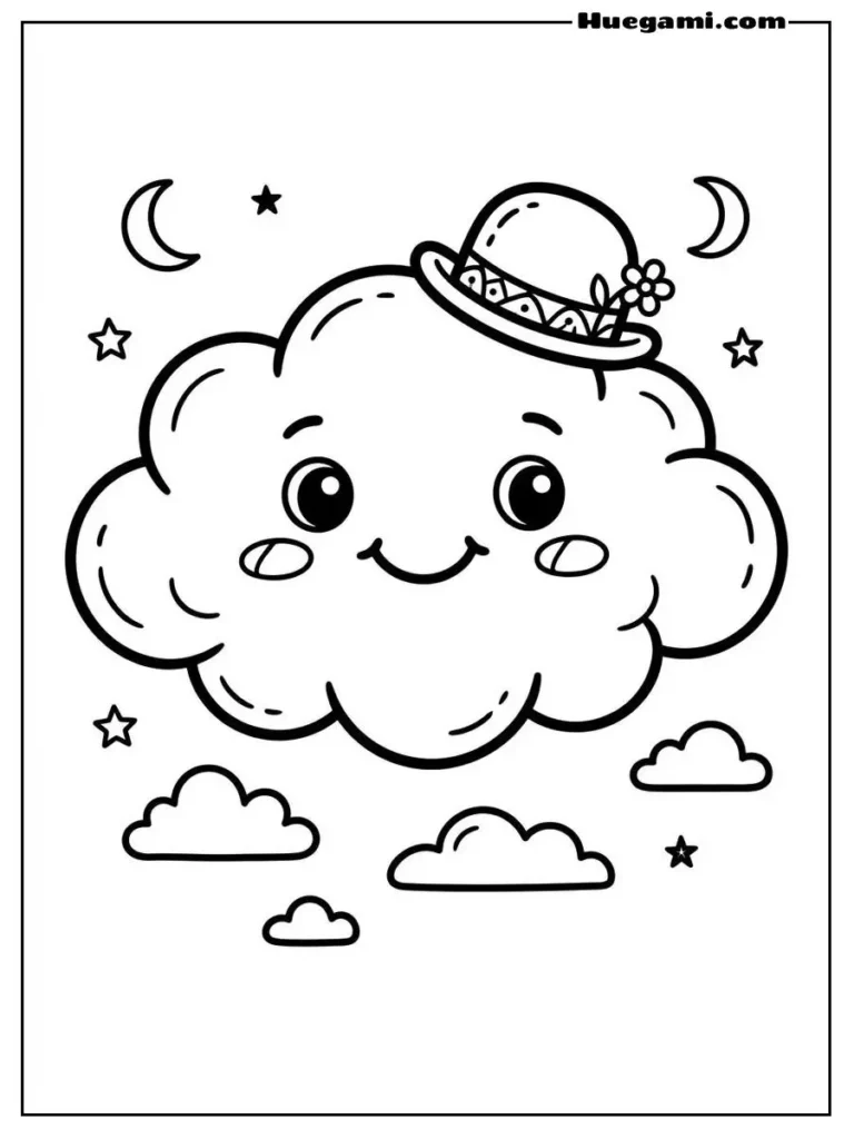 Free Printable Cloud Coloring Sheets for Kids 19 Cloud With Tiny Hat Illustration
