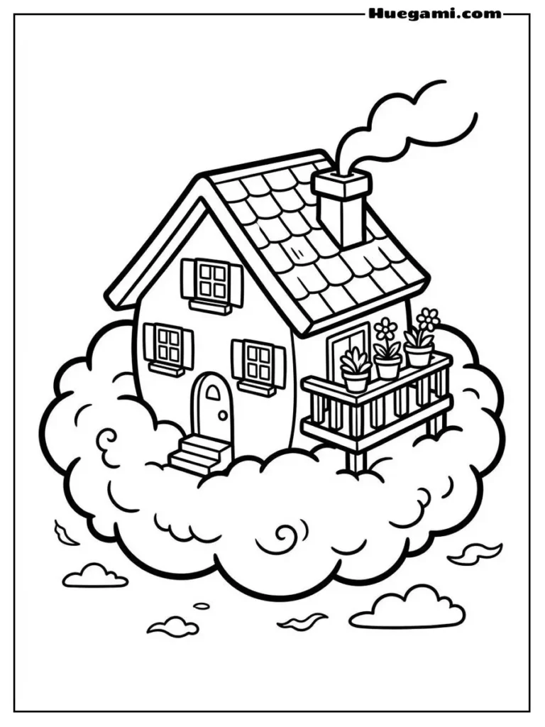 Free Printable Cloud Coloring Sheets for Kids 18 Cozy Cloud House With Balcony Illustration