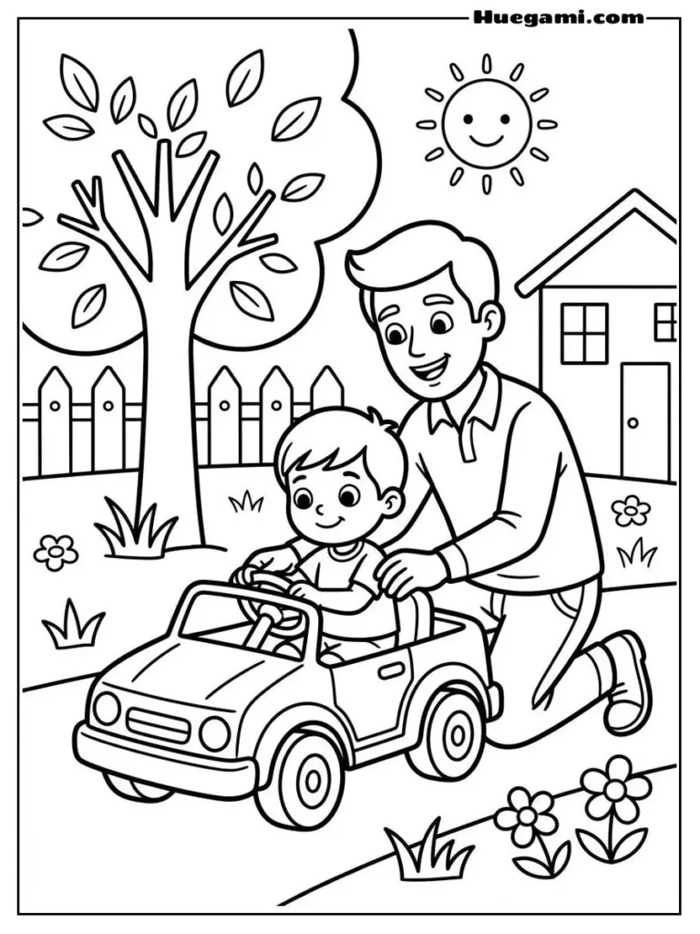Dad Teaching His Son To Drive Toy Car Coloring Illustration