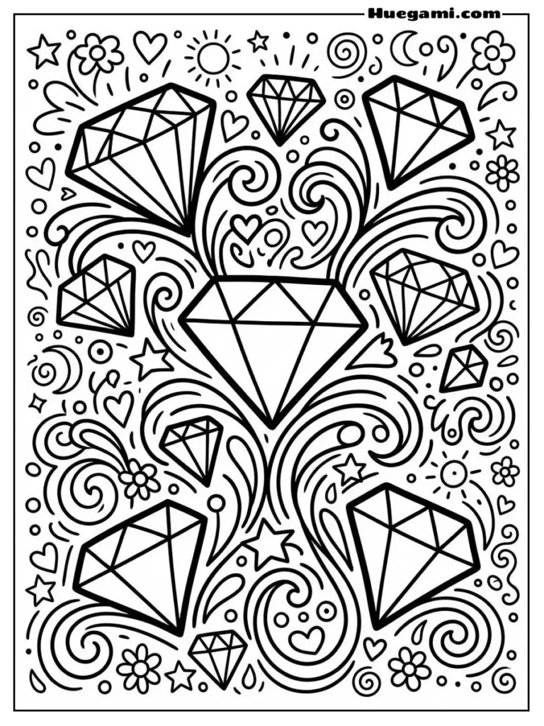 Diamonds Coloring Sheets: Free Printables for All Ages 2 Diamonds With Swirls And Playful Background