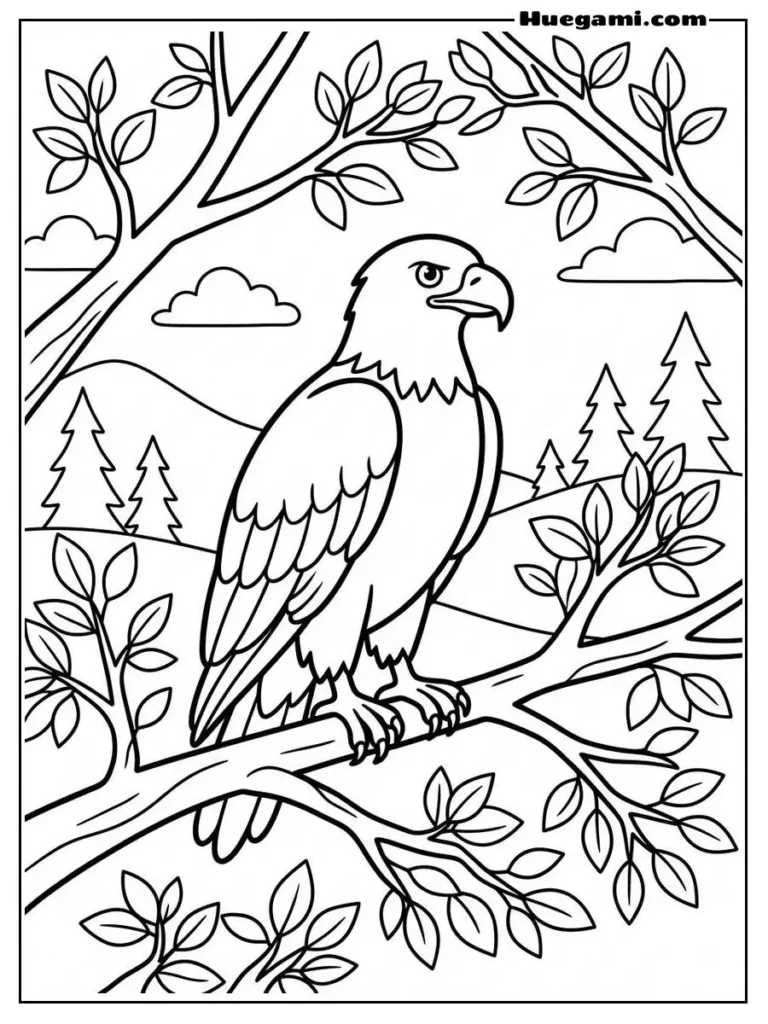 Free Printable Eagle Coloring Sheets for Kids 2 Eagle Among Tree Branches