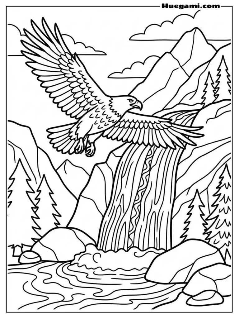 Free Printable Eagle Coloring Sheets for Kids 5 Eagle Flying Near Waterfall